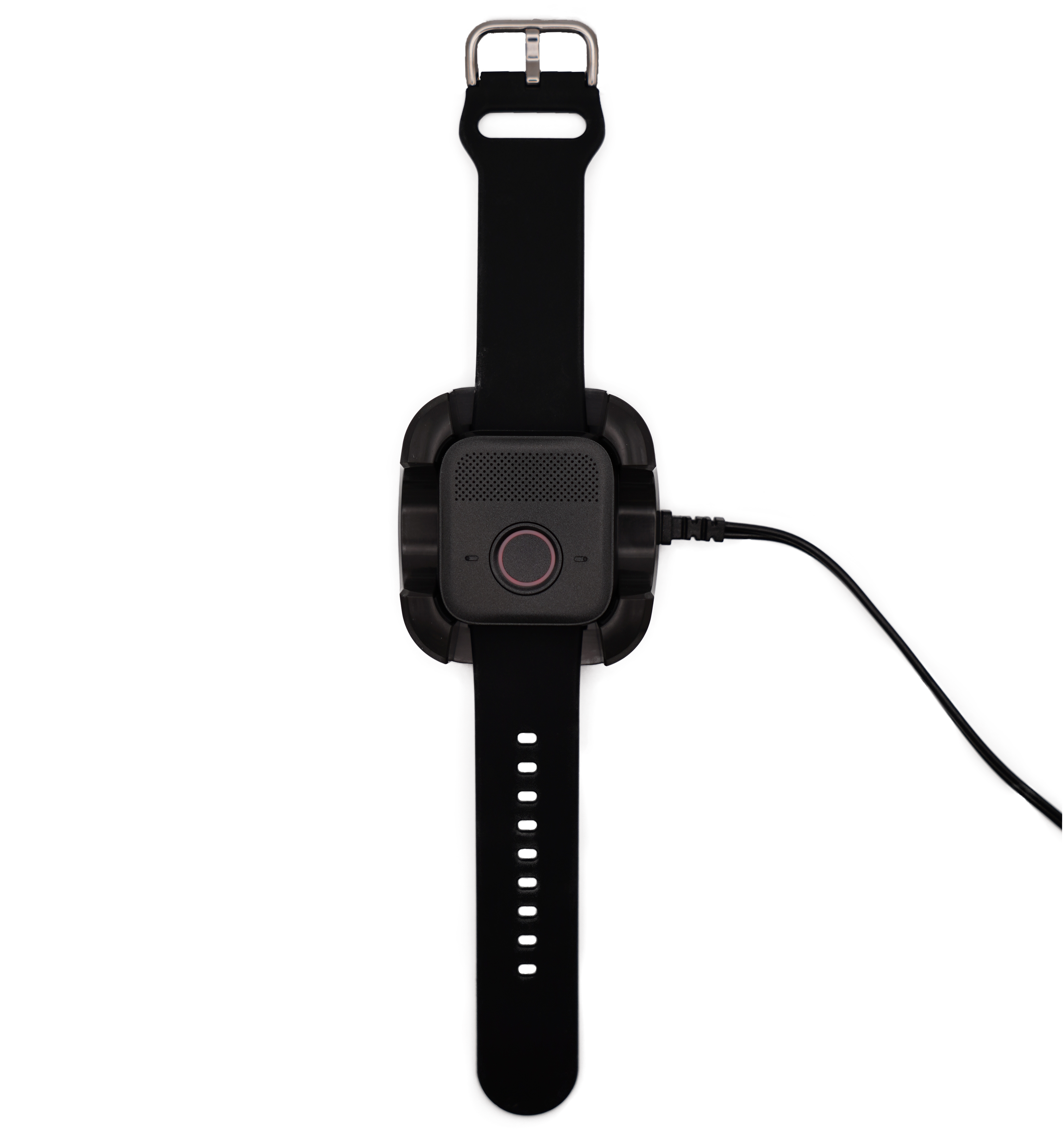 Mobile W sitting in its charging cradle with the cable plugged in