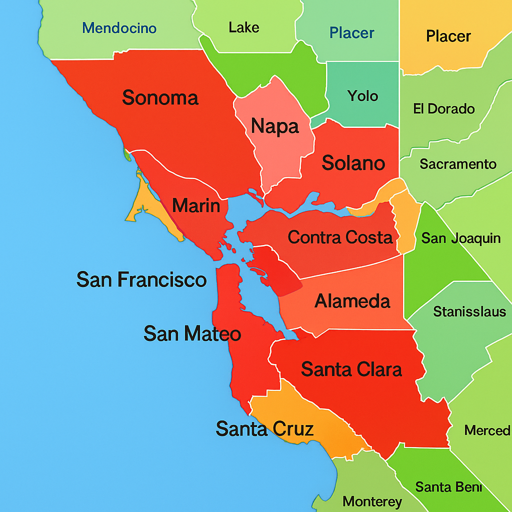 Map Map of Bay Area counties served by Vital Link Medical Alert Systems, including Alameda, Contra Costa, San Francisco, San Mateo, Santa Clara, and more