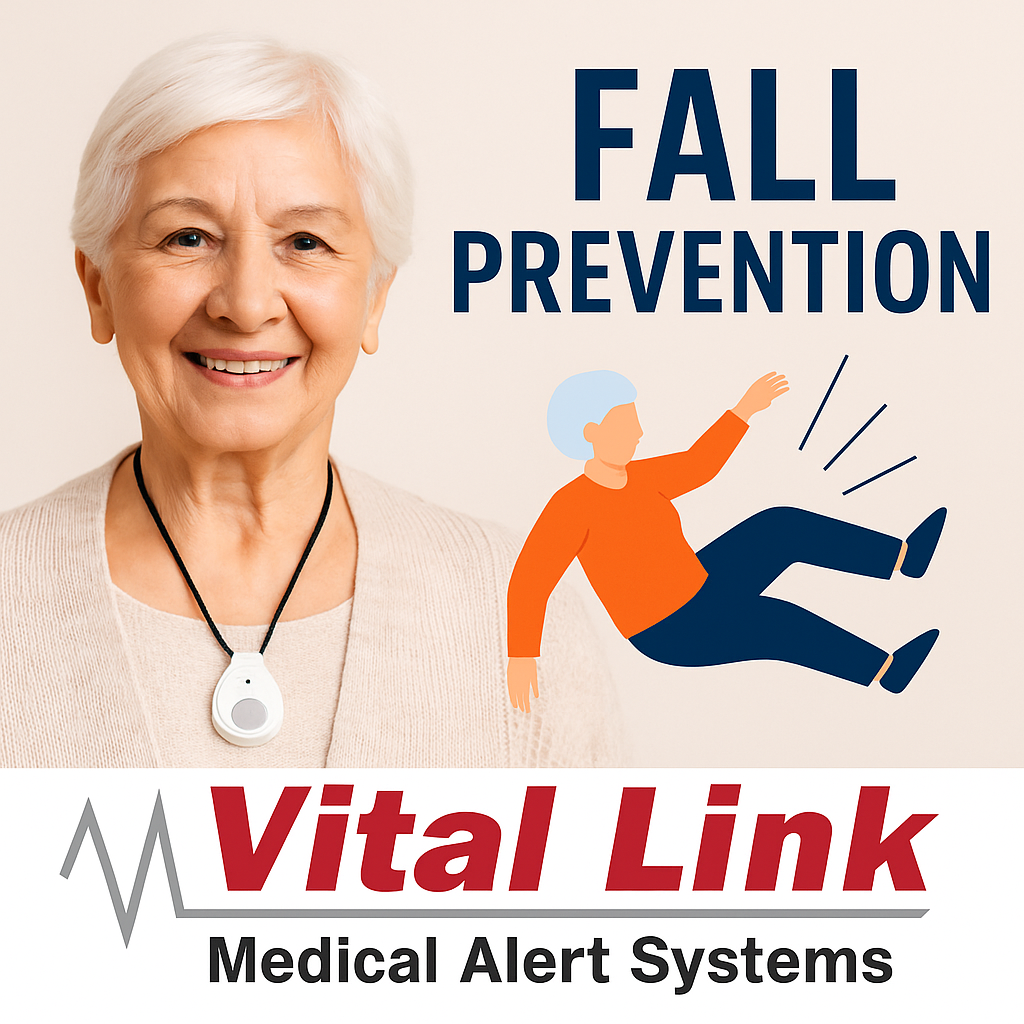 Smiling older woman wearing a Vital Link medical alert button necklace, with bold text reading ‘Fall Prevention’ and a single fall risk graphic, alongside the Vital Link Medical Alert Systems logo.