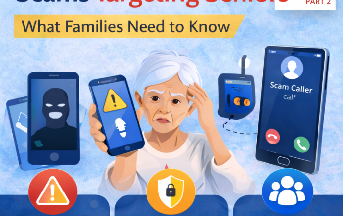 Phone and robocall scams targeting seniors illustrated by an older adult receiving a suspicious phone call with warning icons highlighting scam risks