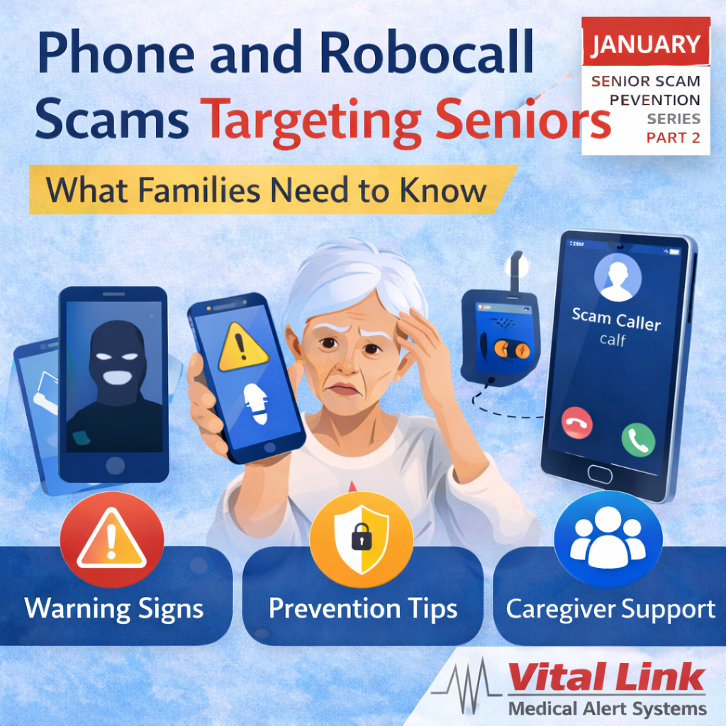 Phone and robocall scams targeting seniors illustrated by an older adult receiving a suspicious phone call with warning icons highlighting scam risks