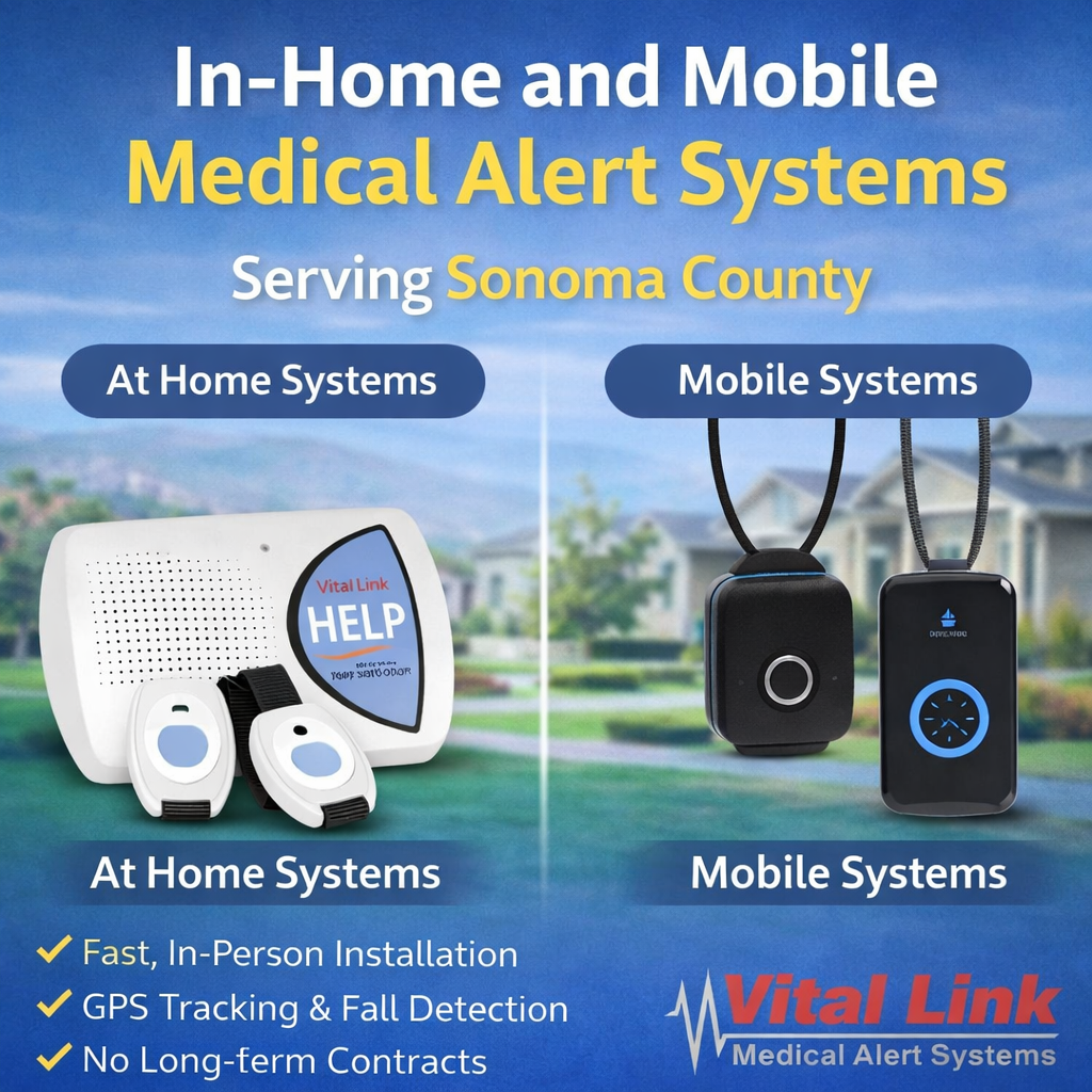 Medical Alert Systems in Sonoma County graphic showing in home and mobile systems