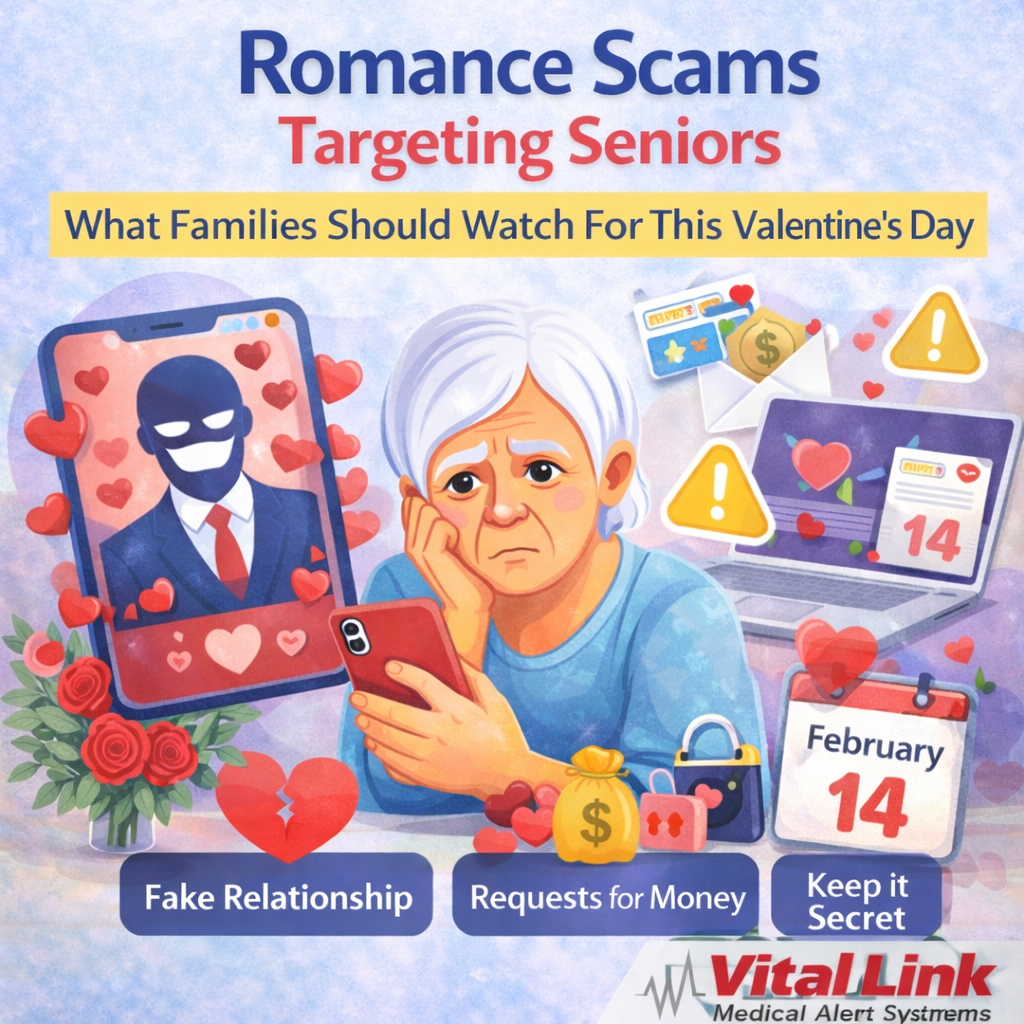Romance scams targeting seniors illustrated by an older adult using a phone while warning symbols highlight online dating and financial scam risks.