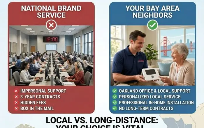 Comparison chart between Life Alert and Vital Link medical alert systems in the Bay Area. Features Vital Link’s Oakland office, personal local support, professional in-home installation, and no long-term contracts versus national brand impersonal support and 3-year contracts.