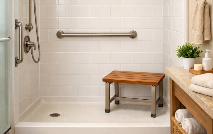 Bathroom safety for seniors with a grab bar and shower bench in a bright Bay Area bathroom