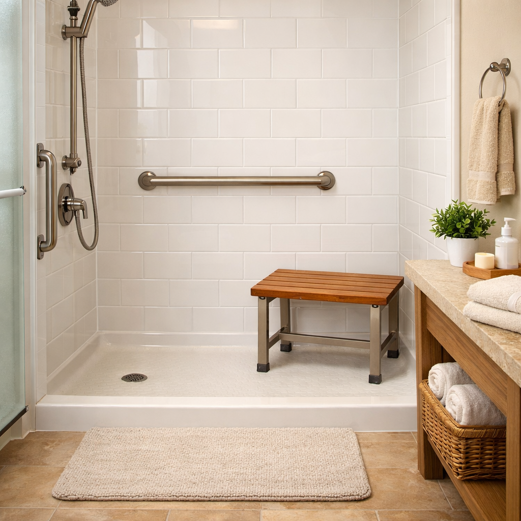Bathroom safety for seniors with a grab bar and shower bench in a bright Bay Area bathroom