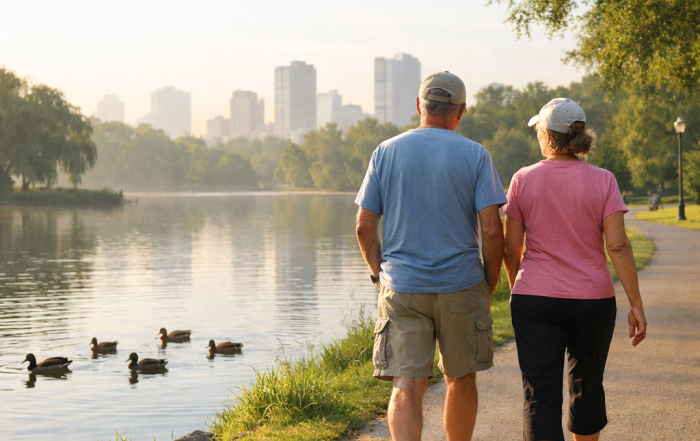 Senior wellness habits in action as an older couple walks a lakeside Bay Area park path