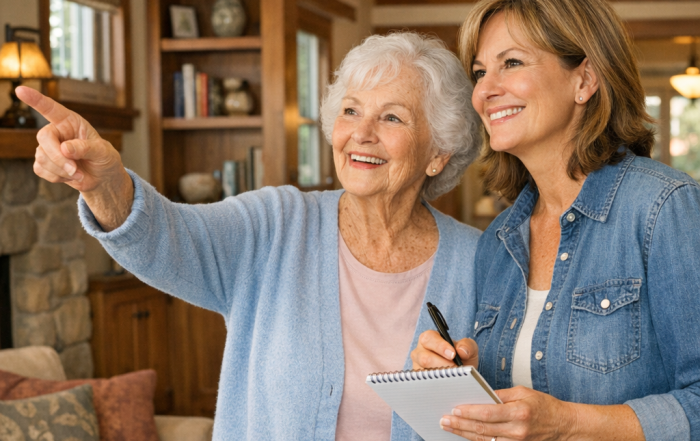 Aging in place home safety checklist walk-through by a mother and daughter in a Bay Area home