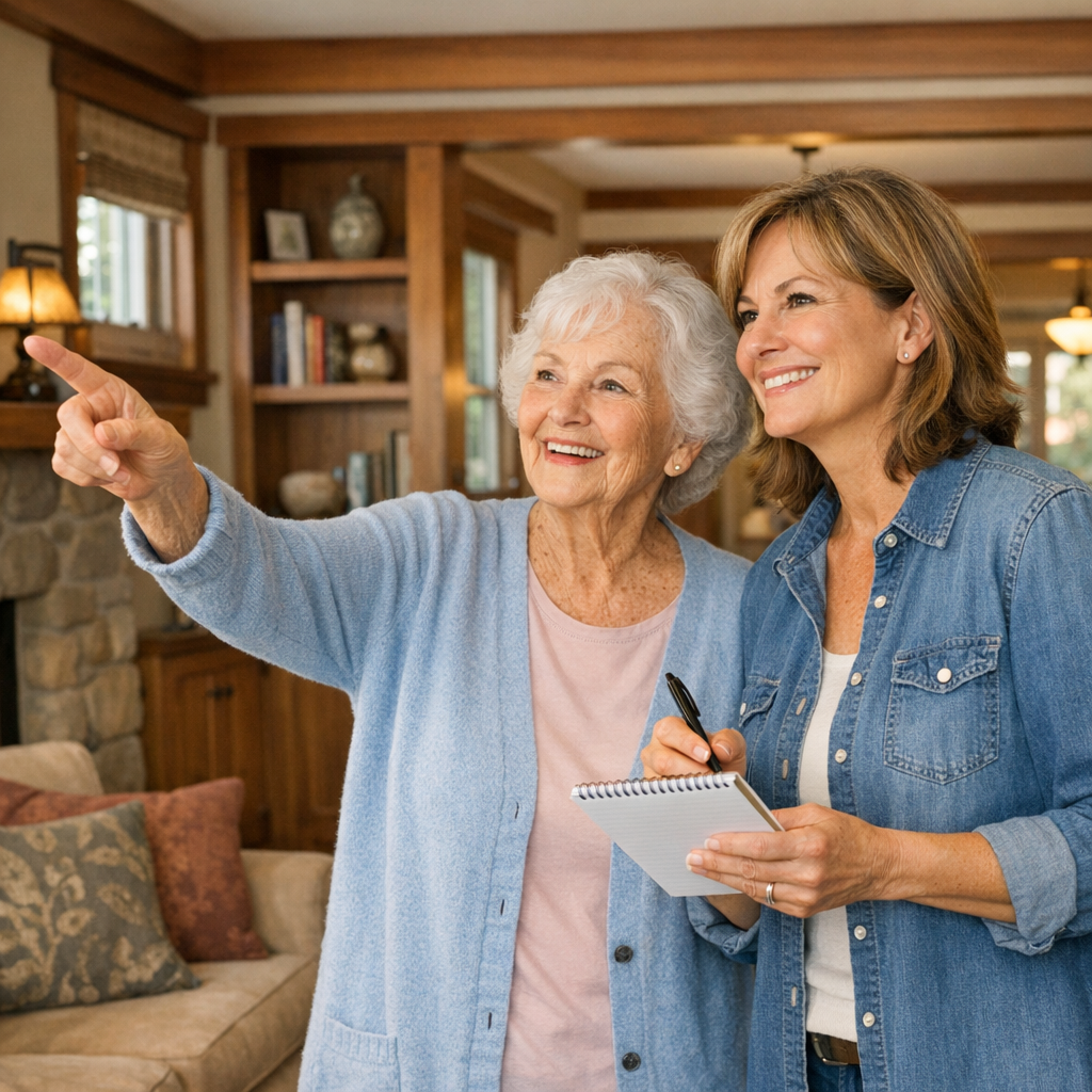 Aging in place home safety checklist walk-through by a mother and daughter in a Bay Area home