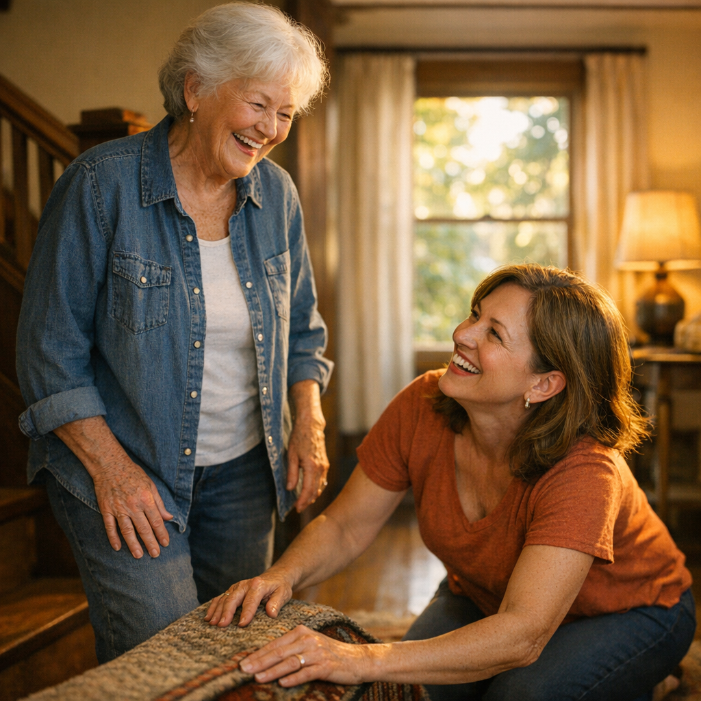Fall prevention for seniors at home, an Oakland Bay Area woman and her adult daughter securing a rug in a sunlit hallway