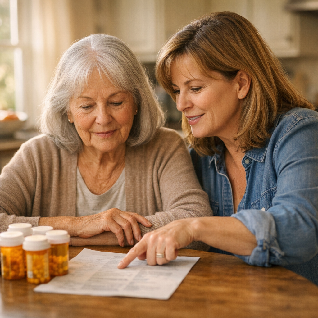 Adult daughter helping her mother review medications that cause dizziness at a kitchen table in Oakland