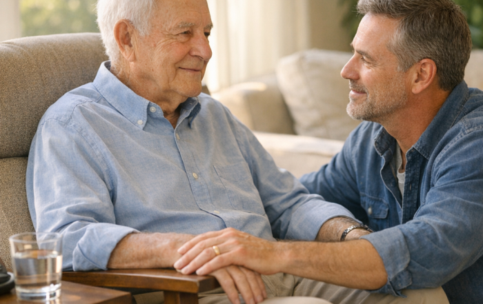 What to do after a fall, a Bay Area senior sitting calmly in a chair while his adult son checks on him at home