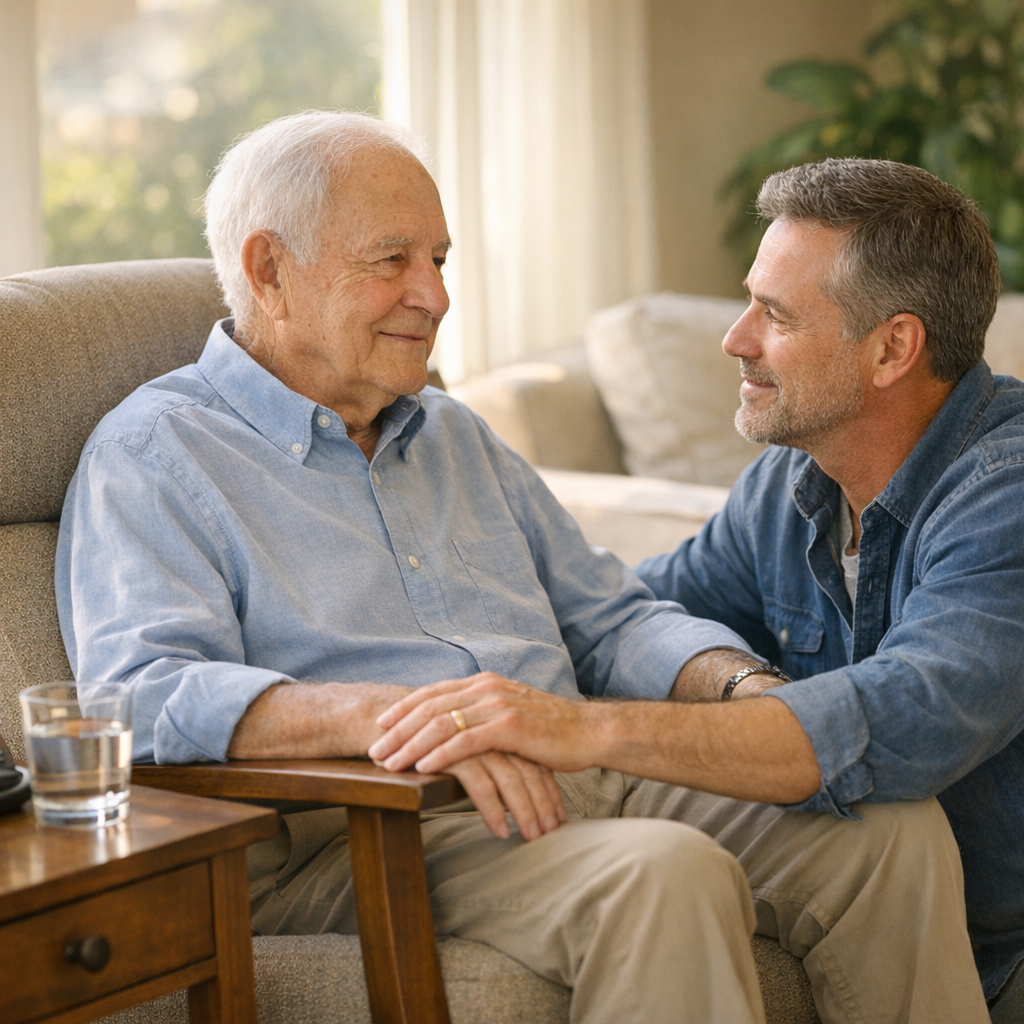 What to do after a fall, a Bay Area senior sitting calmly in a chair while his adult son checks on him at home