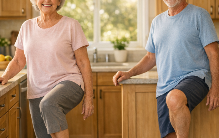 Bay Area seniors doing balance exercises for seniors while holding a kitchen counter for support