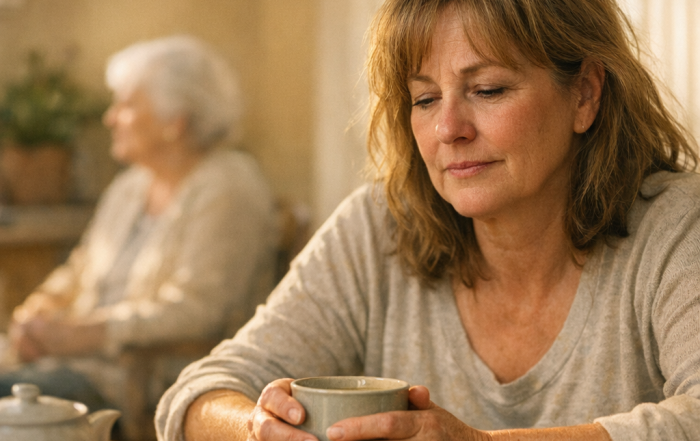 Caregiver burnout: an adult daughter in the Bay Area pausing for a quiet moment at the kitchen table while caring for her mother