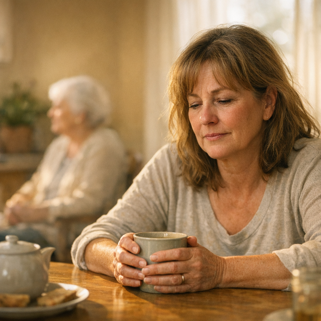 Caregiver burnout: an adult daughter in the Bay Area pausing for a quiet moment at the kitchen table while caring for her mother