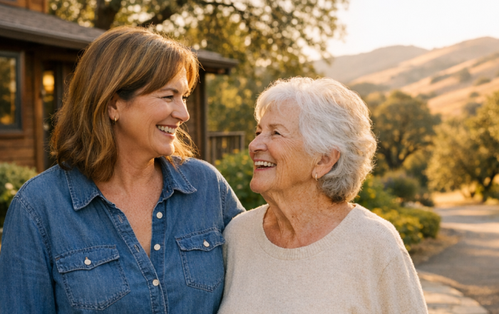Adult daughter and her mother comparing medical alert systems Marin County families rely on, outside their hillside home