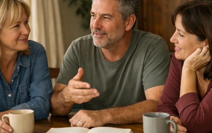 Sharing caregiving between siblings: three adult siblings meeting around a Bay Area dining table to plan care for their parent