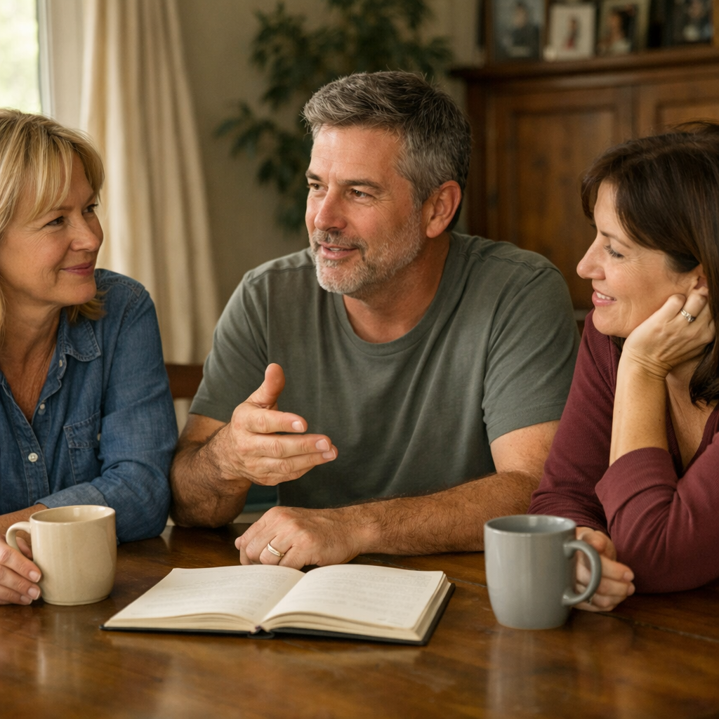 Sharing caregiving between siblings: three adult siblings meeting around a Bay Area dining table to plan care for their parent