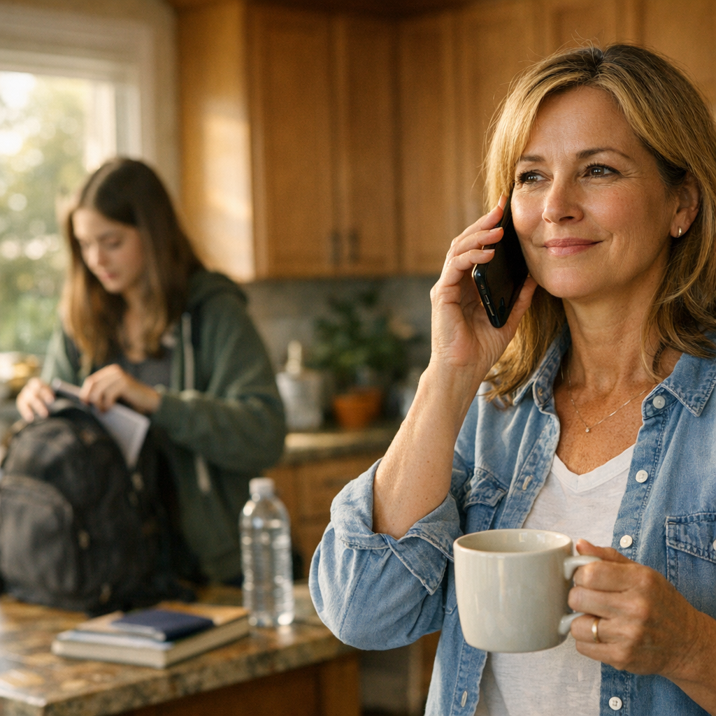 Sandwich generation caregiver in a Bay Area kitchen balancing a call with her parent while her teenager gets ready for school