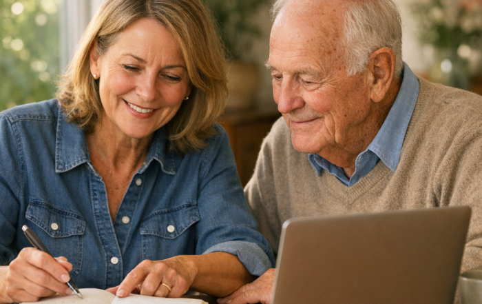 Adult daughter and her father reviewing senior resources Santa Clara County families use, at a sunlit dining table in San Jose
