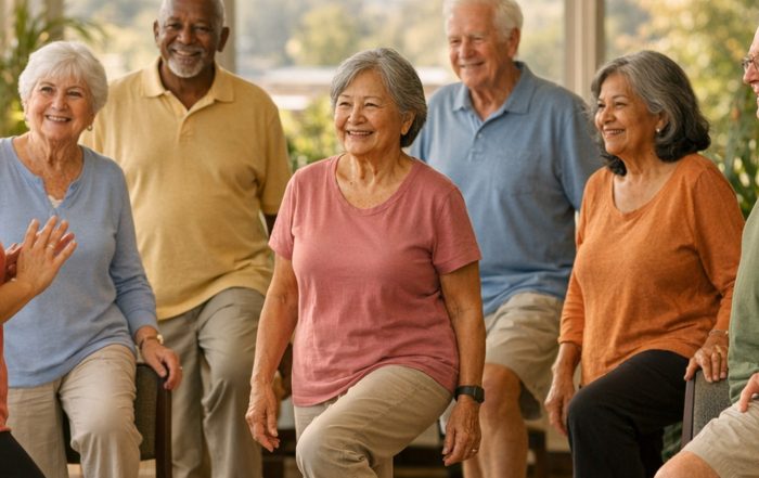 Older adults in a gentle balance class during Falls Prevention Awareness Week at a Bay Area senior center
