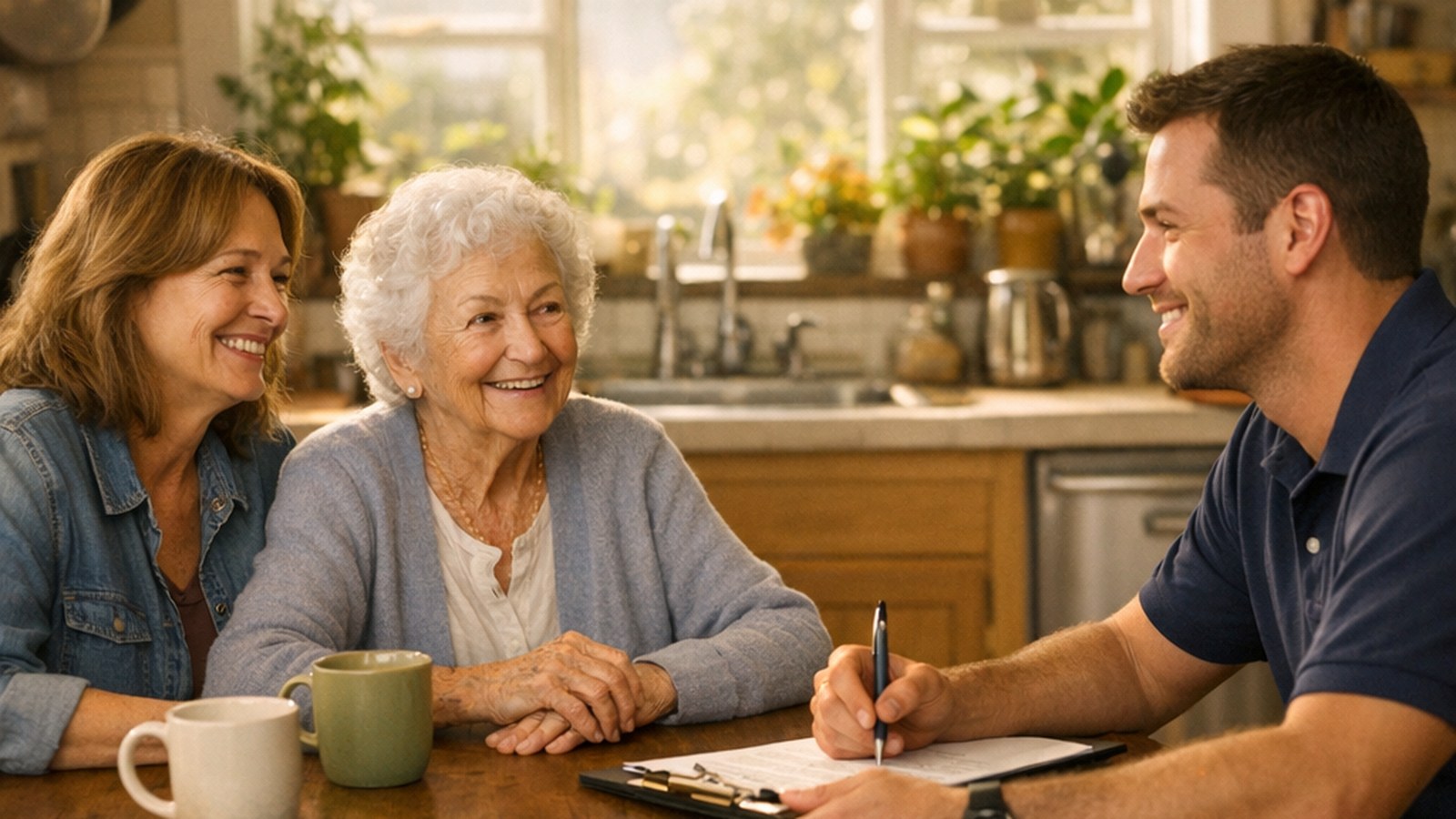 An Oakland family comparing medical alert systems Alameda County providers offer with a local technician at the kitchen table
