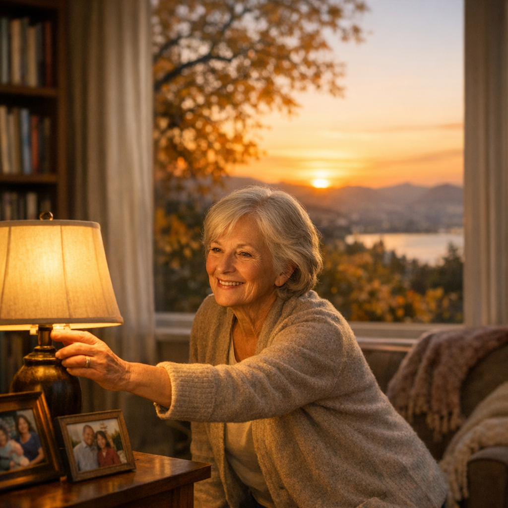 Daylight saving time seniors tip: a Bay Area woman switches on a warm lamp at dusk as autumn light fades outside her window